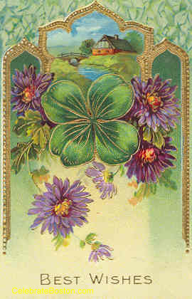Lucky 4 Leaf Clover Antique Post Card with Shamrocks 1907 German HAPPY NEW YEAR Chromolithograph Postcard Pink Forget-Me-Not Flowers